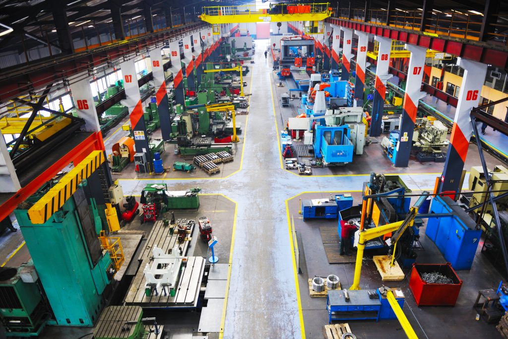 Aerial view of a large manufacturing factory floor