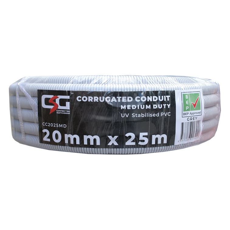 20mm Corrugated Conduit Medium Duty 25M Roll Grey