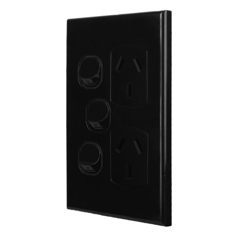 Double Power Point with Extra Switch - VERTICAL BLACK - Image 2