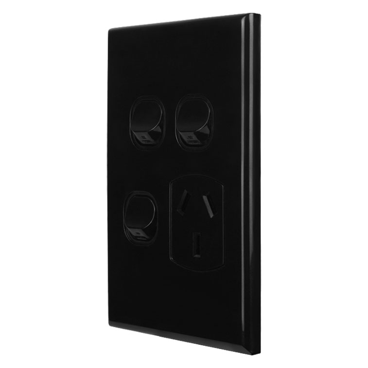Single Power Point with 2 Extra Switches - VERTICAL BLACK - Image 2