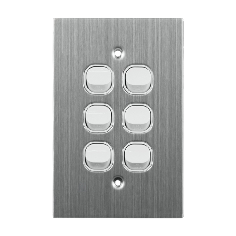 Stainless Steel Light Switch 6 Gang 10A 250V AC WHITE