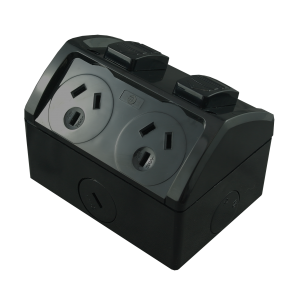 Double Weatherproof GPO Black 10A 250V AC IP53 Integrated